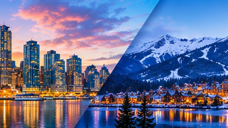 Vancouver city lights and a Whistler mountain village illustrating a city and mountain split