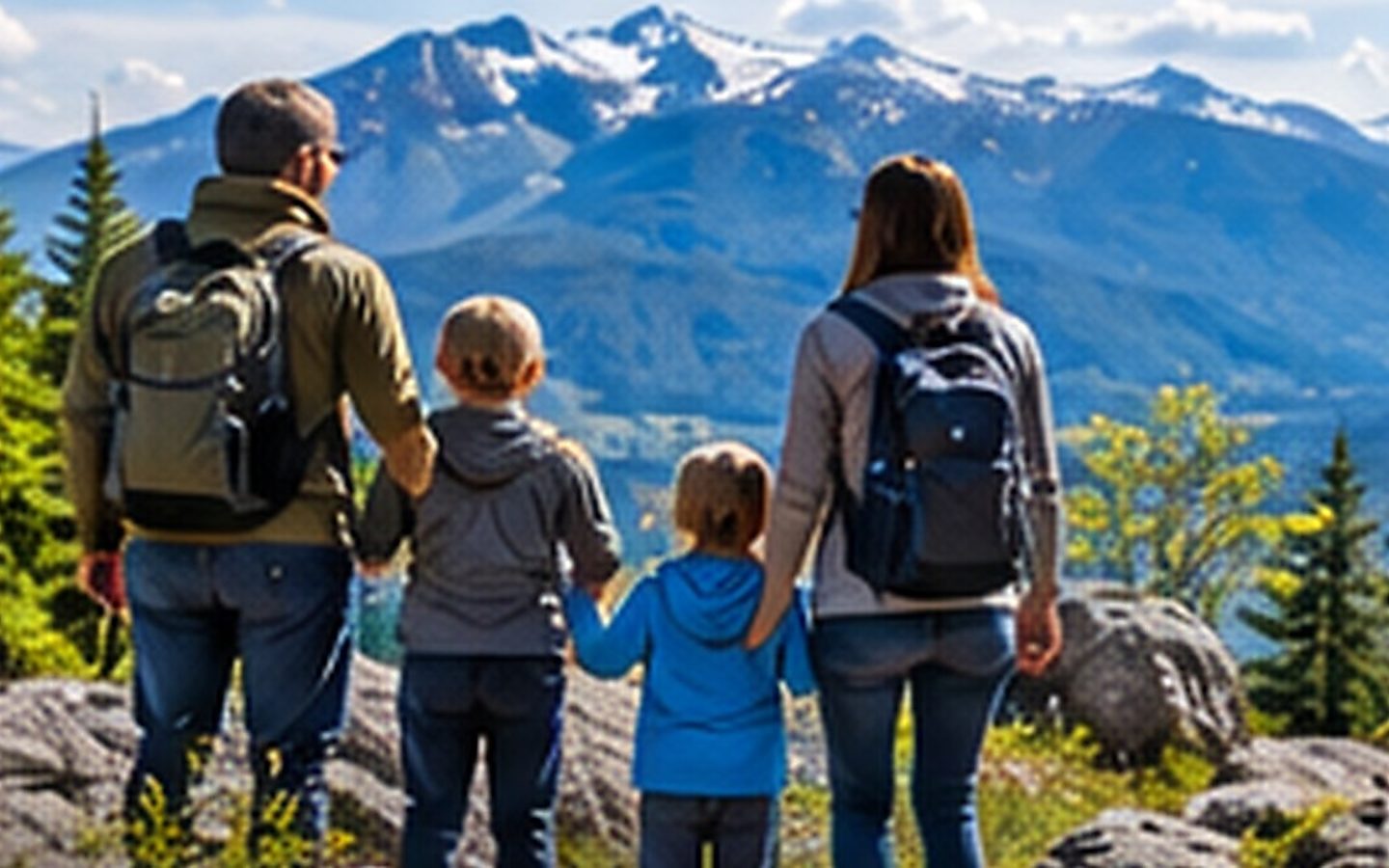 Family enjoying a mountain viewpoint in British Columbia