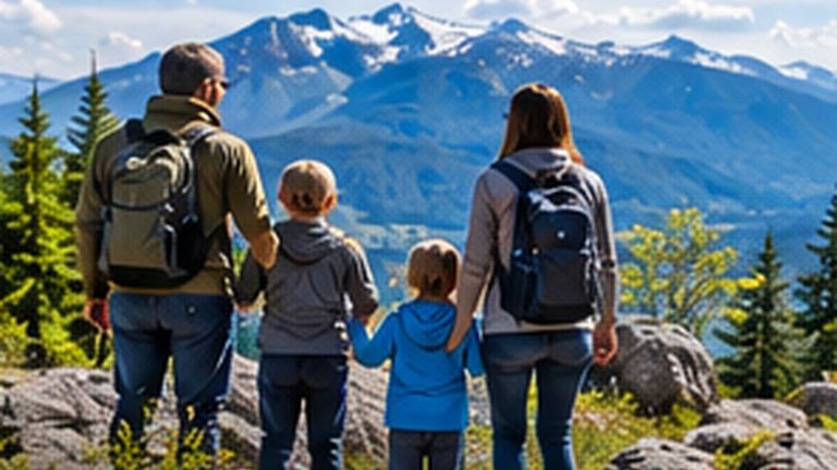 Family enjoying a mountain viewpoint in British Columbia