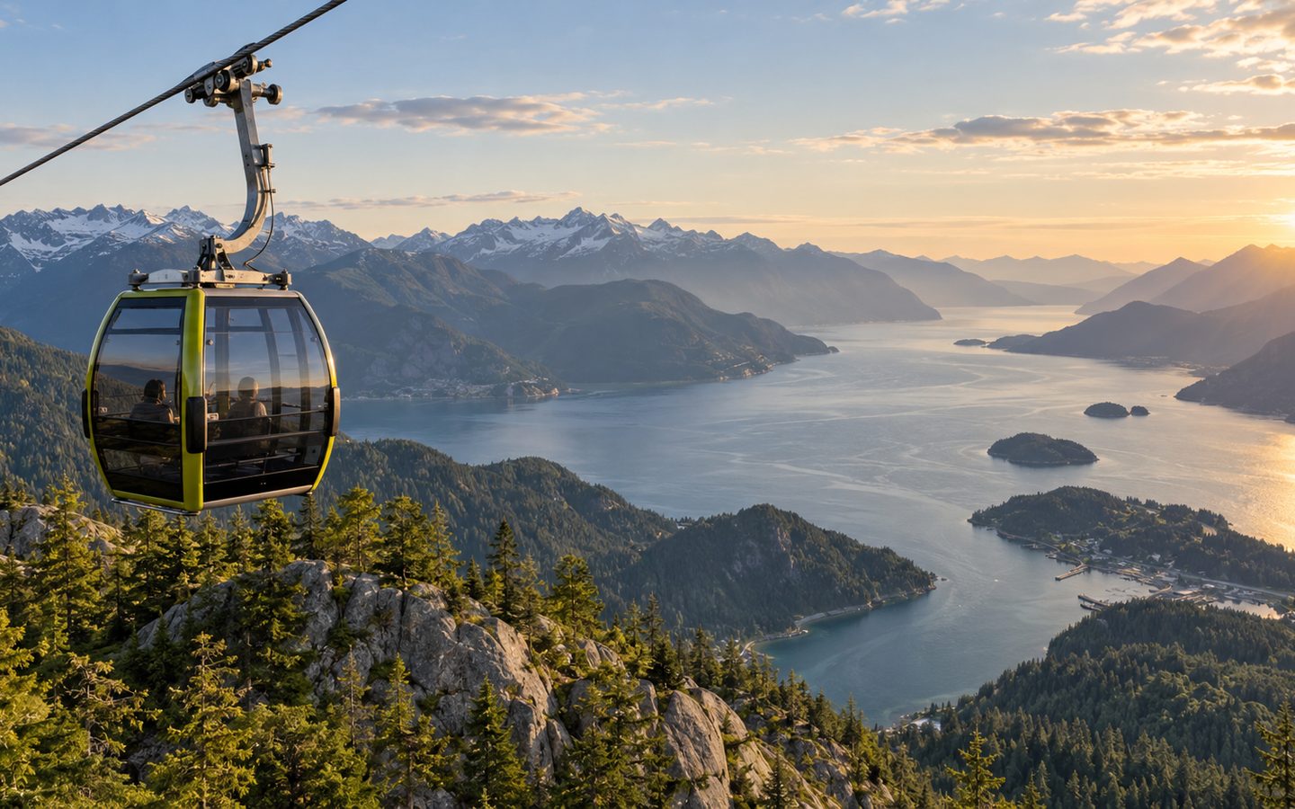 Sea to Sky Gondola cabin above Howe Sound and coastal mountains