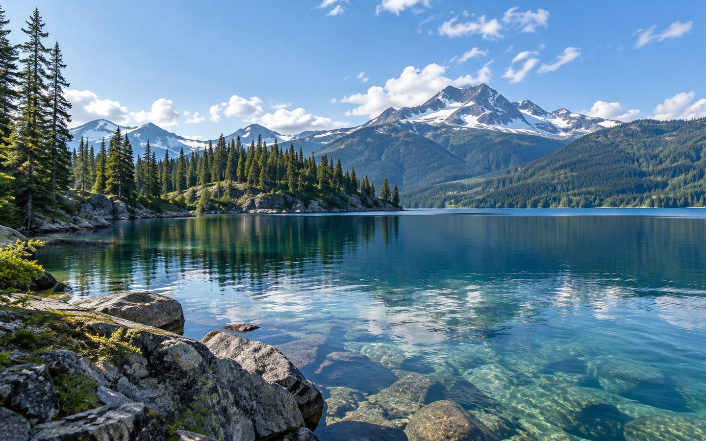 A mountain lake and forest landscape in Whistler, British Columbia