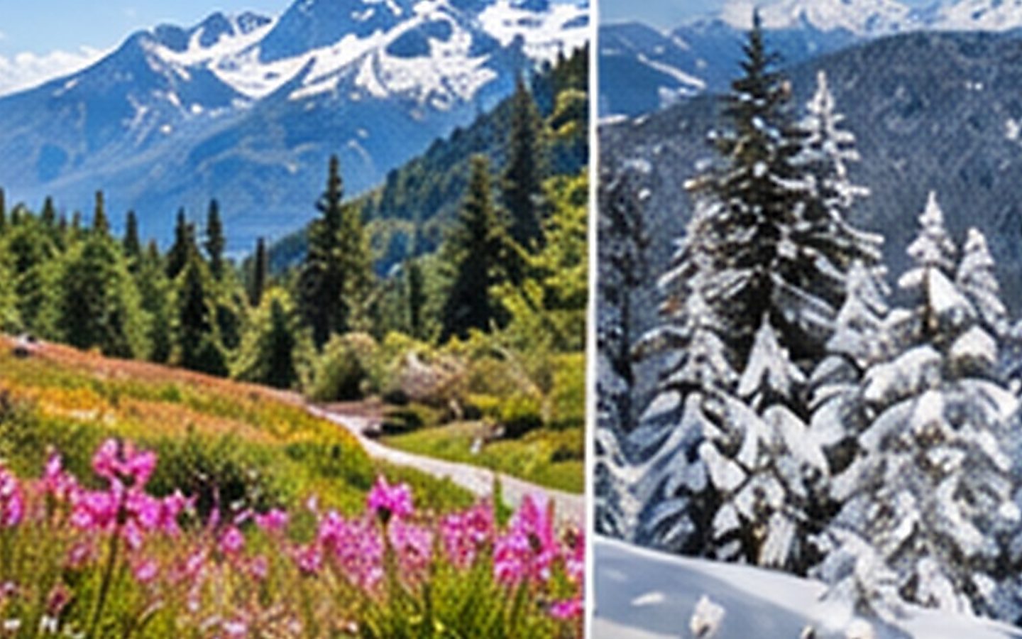 British Columbia mountain landscape across summer and winter seasons